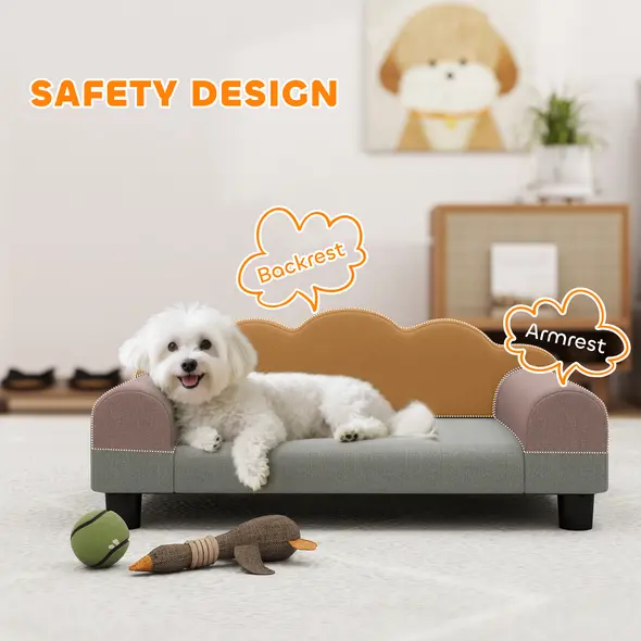 PawHut Elevated Dog Sofa Bed, Breathable Pet Sofa with Backrest and Armrest for Small Dogs, Grey - 5