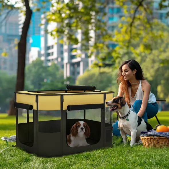 PawHut Foldable Dog Pen with Storage Bag for Indoor/Outdoor Use, Portable Pet playpen, with Ground Stakes - Yellow - 2
