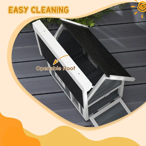 PawHut Outdoor Cat House, Wooden Feral Cat Shelter, with Openable Asphalt Roof, Three Doors - Grey - 5