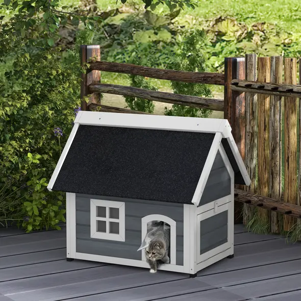 PawHut Outdoor Cat House, Wooden Feral Cat Shelter, with Openable Asphalt Roof, Three Doors - Grey - 2
