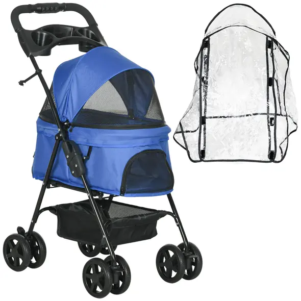 PawHut Dog Stroller with Rain Cover, Dog Pushchair One-Click Fold Trolley Jogger with EVA Wheels Brake Basket Adjustable Canopy Safety Leash for Small Dogs, Blue - 1