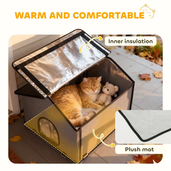 PawHut Outdoor Cat House, Waterproof Insulated Cat Kennel with Elevated Base, Foldable Feral Kitty Shelter for Kittens, Grey - 7