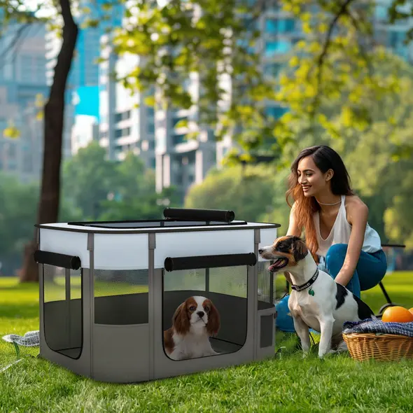 PawHut Foldable Dog Pen with Storage Bag for Indoor/Outdoor Use, Portable Pet playpen, with Ground Stakes - Grey - 2