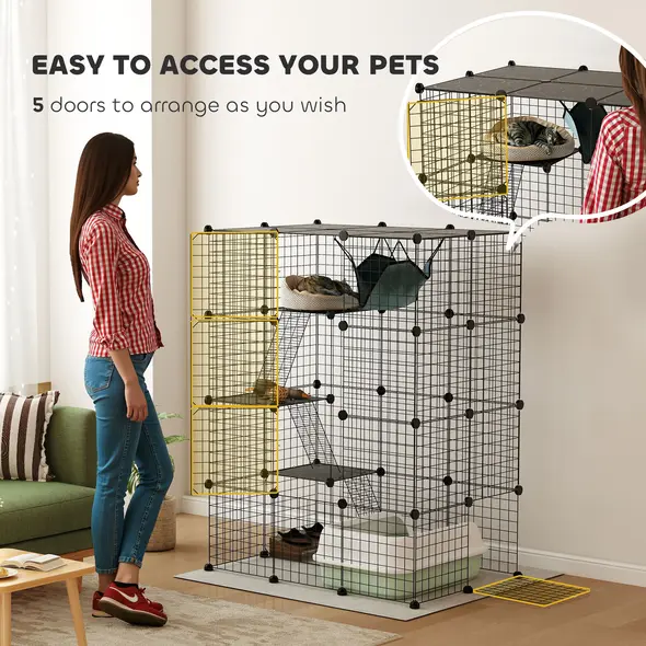 PawHut Four-Tier DIY Large Cat Cage with Hammock, Ramps, Five Doors, Indoor Use for 1-3 Cats, Black - 6