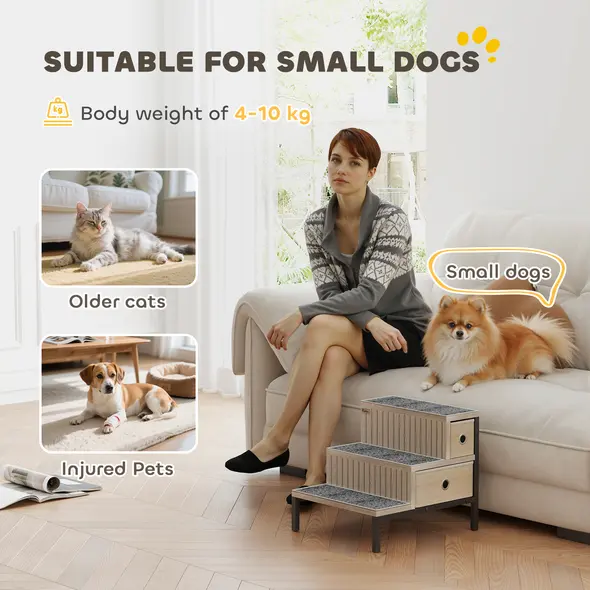 PawHut Dog Stairs with Storage, Non-Slip Cover, Pet Steps for Small Dogs & Older Cats, for Sofa, High Bed, Oak Tone - 4