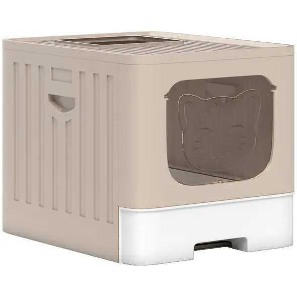 PawHut Foldable Cat Litter Box with Lid, Slide-Out Drawer, Scoop, Easy Clean, Odour Control, Anti-Splashing, Khaki - 1