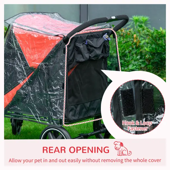 PawHut One-Click Foldable Pet Travel Stroller with Rain Cover, Cat Dog Pushchair with Universal Front Wheels, Shock Absorber, Storage Bags, Mesh Window, Safety Leash for Large and Medium Dogs (Red) - 7