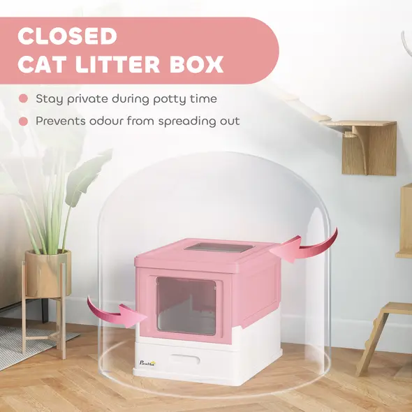 PawHut Hooded Cat Litter Box, Portable Pet Toilet, with Scoop, Front Entry - Pink - 6