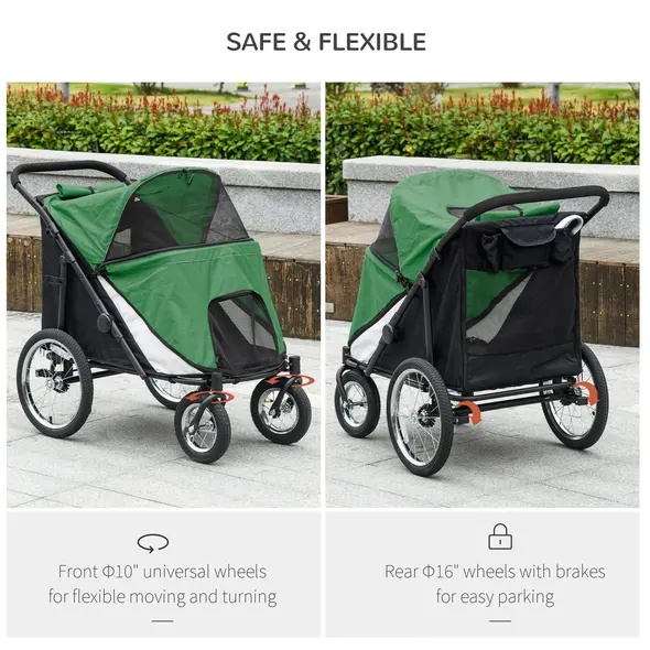 PawHut Foldable Pet Stroller, with Washable Cushion, Storage Bags, Safety Leash, for Medium, Large Dogs, Cats - Green - 5