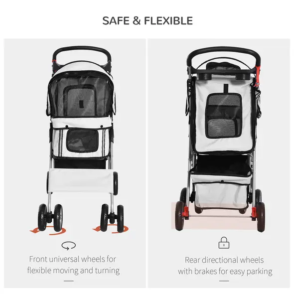 PawHut Dog Stroller with Rain Cover for Small Miniature Dogs, Folding Pet Pram with Cup Holder, Storage Basket, Reflective Strips, Grey - 5