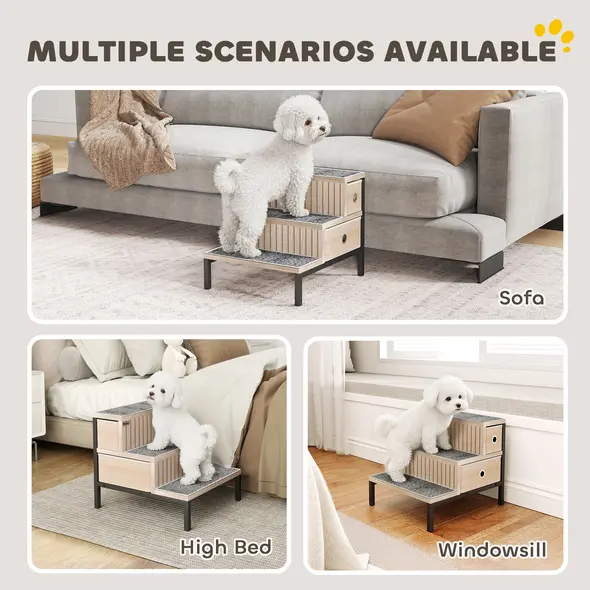 PawHut Dog Stairs with Storage, Non-Slip Cover, Pet Steps for Small Dogs & Older Cats, for Sofa, High Bed, Oak Tone - 5