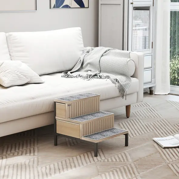 PawHut Dog Stairs with Storage, Non-Slip Cover, Pet Steps for Small Dogs & Older Cats, for Sofa, High Bed, Oak Tone - 8