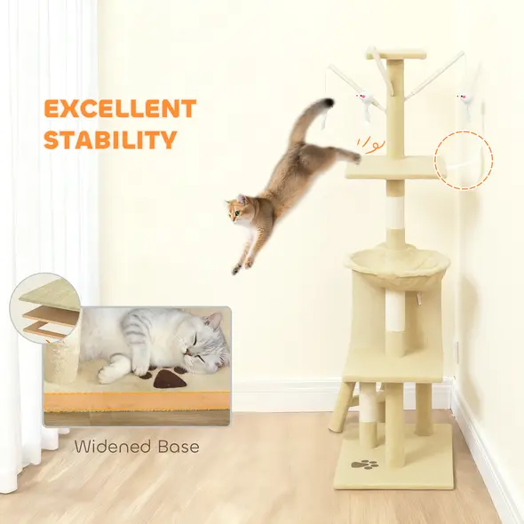 PawHut Multi-Level Cat Tree with Scratching Post, Ladder, Cat House, Beige - 6
