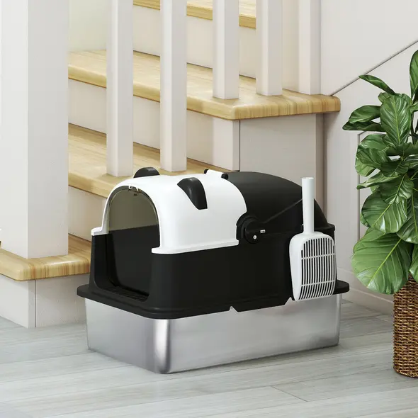 PawHut Panda Style XL Stainless Steel Cat Litter Box with Lid, Enclosed Kitty Litter Box with Scoop, 60 x 40 x 45 cm - 9