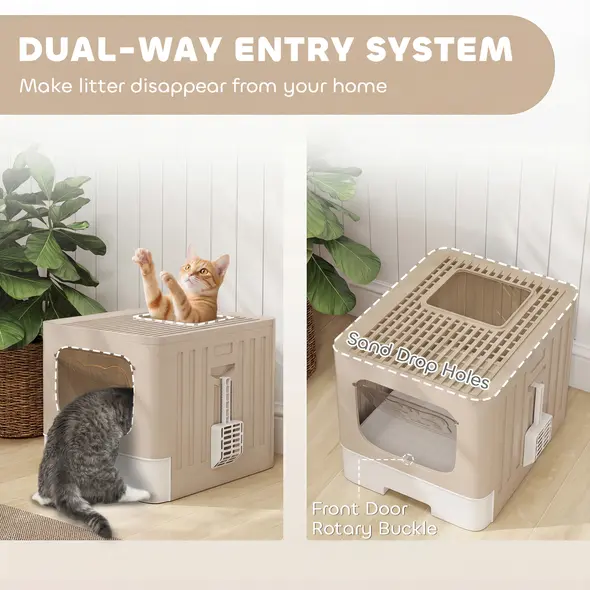 PawHut Foldable Cat Litter Box with Lid, Slide-Out Drawer, Scoop, Easy Clean, Odour Control, Anti-Splashing, Khaki - 7