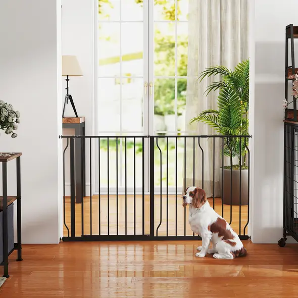 PawHut Extra Wide Dog Safety Gate, with Door Pressure, for Doorways, Hallways, Staircases - Black - 9