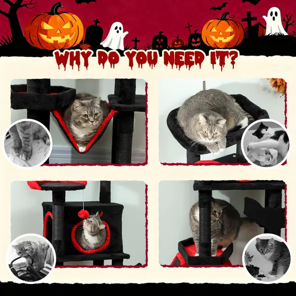 PawHut Gothic Cat Tree, 152 cm Multi-Level Cat Tower for Large Cats with Coffin Bed, Large Condo, for Halloween - 8