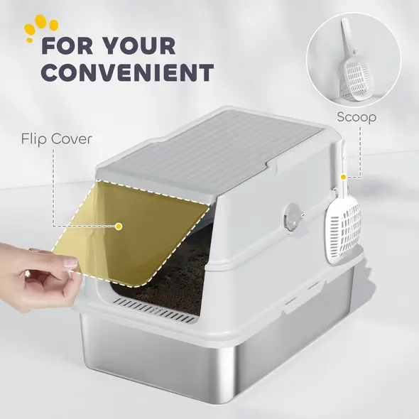 PawHut Extra Large Stainless Steel, Cat Litter Tray with Scoop, Flip Top - 7