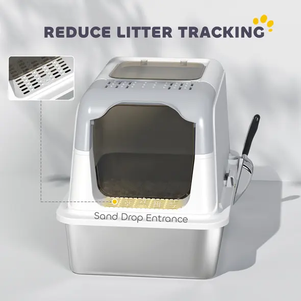 PawHut Extra Large Stainless Steel Litter Box, Enclosed Cat Litter Tray with Scoop, Deodorizer Bag, Front-Entry and Top-Exit - 6