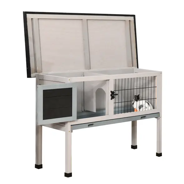 PawHut Elevated Fir Wood Guinea Pigs Hutches Tray Openable Asphalt Roof Outdoor Pet Cage Grey - 9