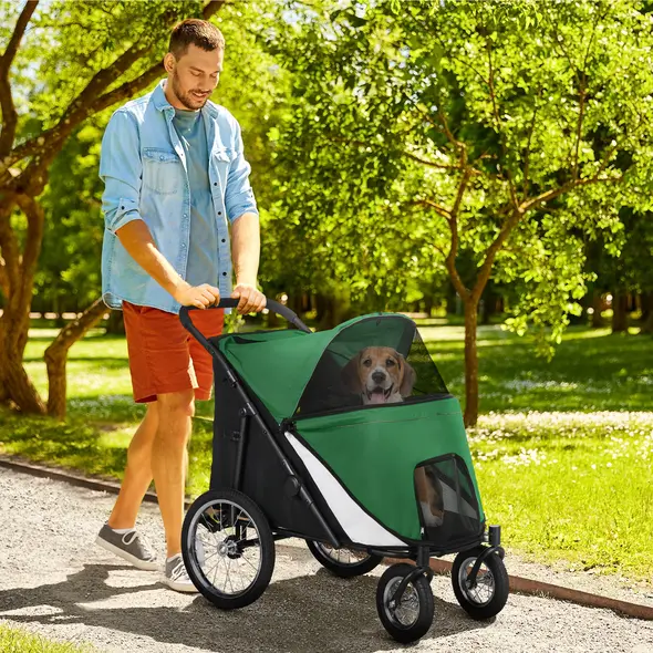 PawHut Foldable Pet Stroller, with Washable Cushion, Storage Bags, Safety Leash, for Medium, Large Dogs, Cats - Green - 2