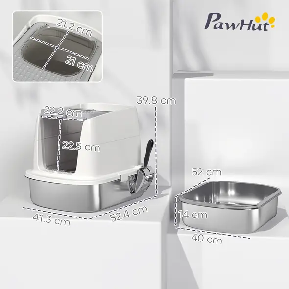 PawHut Large Stainless Steel Litter Box, Enclosed Metal Cat Litter Tray with Scoop, Deodoriser Bag, Front-Entry and Top-Exit - 3