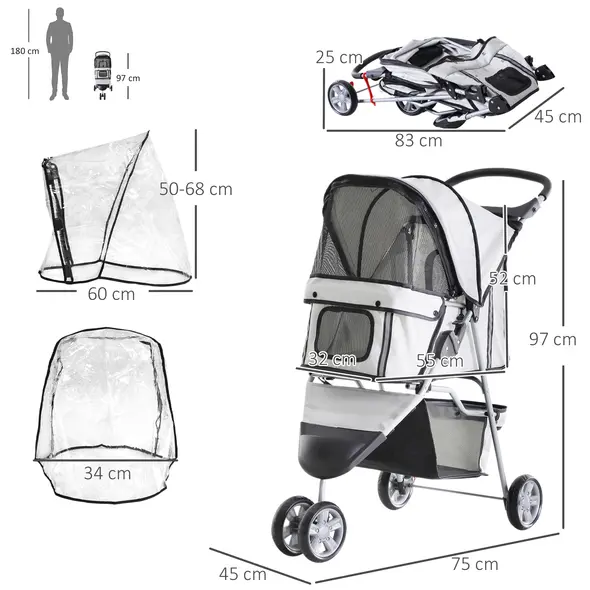 PawHut Dog Stroller with Cover for Small Miniature Dogs, Folding Cat Pram Dog Pushchair with Cup Holder, Storage Basket, Reflective Strips, Grey - 3