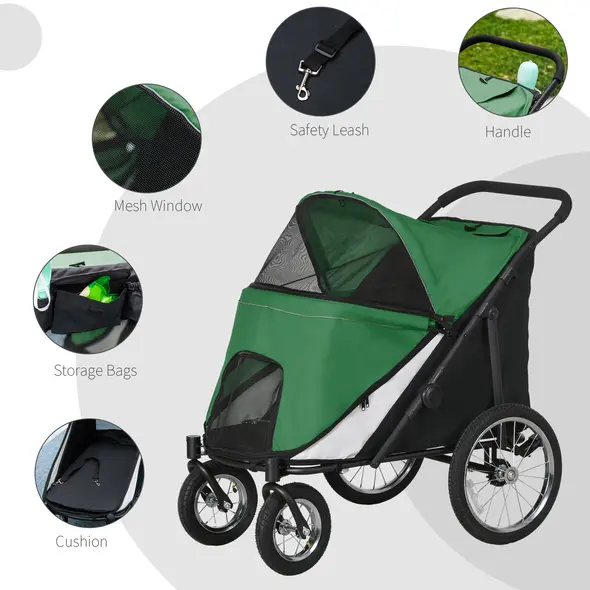 PawHut Foldable Pet Stroller, with Washable Cushion, Storage Bags, Safety Leash, for Medium, Large Dogs, Cats - Green - 6