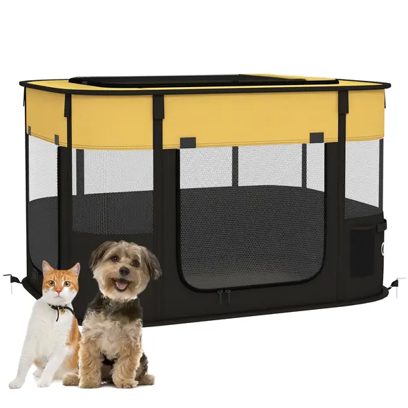 PawHut Foldable Dog Pen with Storage Bag for Indoor/Outdoor Use, Portable Pet playpen, with Ground Stakes - Yellow - 1