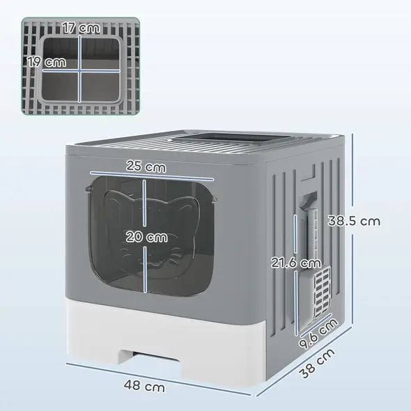 PawHut Foldable Cat Litter Box with Lid, Slide-Out Drawer, Scoop, Easy Clean, Odour Control, Anti-Splashing, Grey - 3