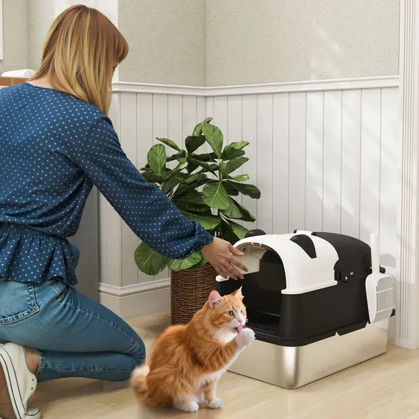 PawHut Panda Style XL Stainless Steel Cat Litter Box with Lid, Enclosed Kitty Litter Box with Scoop, 60 x 40 x 45 cm - 2