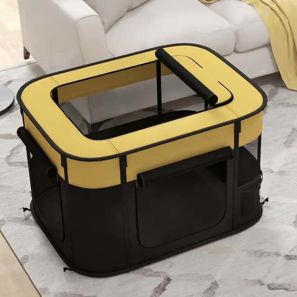 PawHut Foldable Dog Pen with Storage Bag for Indoor/Outdoor Use, Portable Pet playpen, with Ground Stakes - Yellow - 8