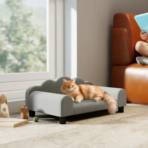 PawHut Elevated Dog Sofa Bed, Breathable Pet Sofa with Backrest and Armrest for Small Dogs, Grey - 9