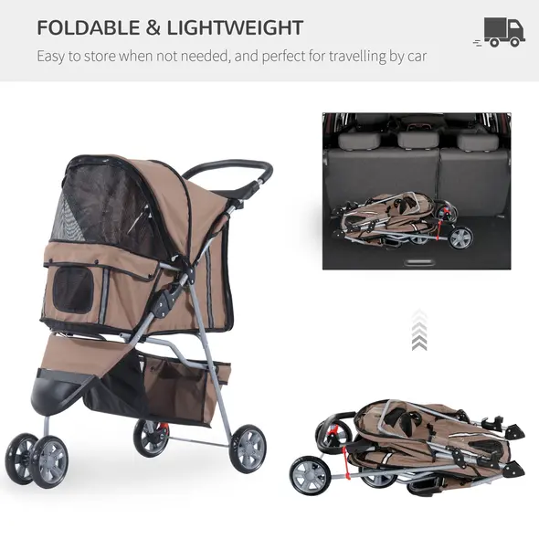 PawHut Dog Stroller with Cover for Small Miniature Dogs, Folding Cat Pram Dog Pushchair with Cup Holder, Storage Basket, Reflective Strips, Brown - 5