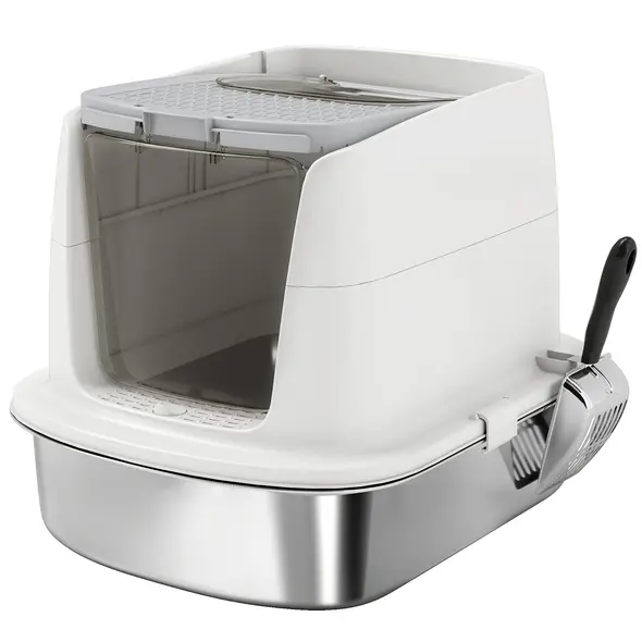 PawHut Large Stainless Steel Litter Box, Enclosed Metal Cat Litter Tray with Scoop, Deodoriser Bag, Front-Entry and Top-Exit - 1