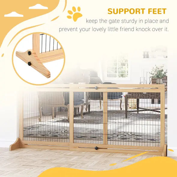 PawHut Freestanding Dog Gate, Foldable Pet Fence, Indoor Wood Barrier, Stair Gate with Support Feet, for Doorway, Hallway, Small and Medium Dogs, 69H x 104-180 cm, Natural Wood Finish - 5