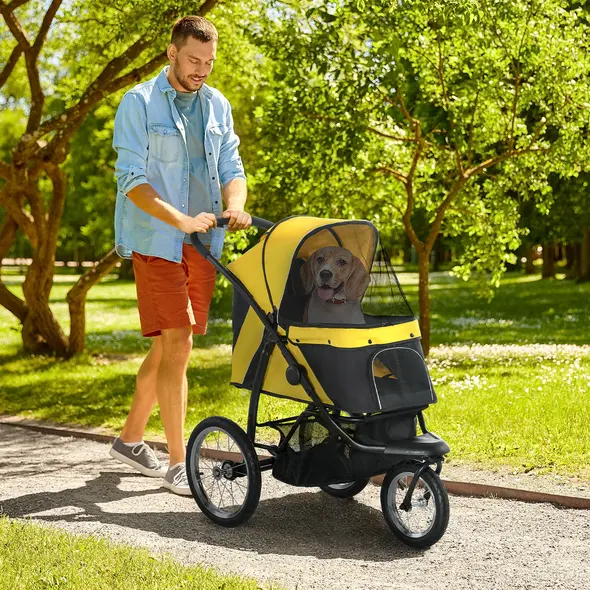 PawHut Foldable Pet Stroller Jogger, with Three Wheels, Canopy, for Medium and Small Dogs, Yellow - 2