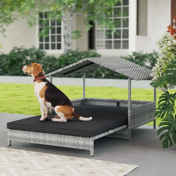 PawHut Extendable Elevated Dog Bed, Rattan Dog House, with Water-Resistant Roof, Removable Cushion, Charcoal Grey - 2