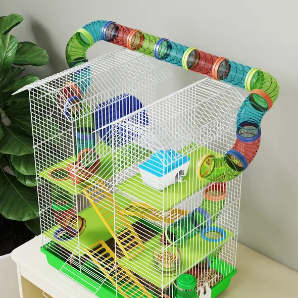 PawHut Hamster Cage, 5 Tier Carrier Habitat with Exercise Wheels Tunnel Tube Water Bottle Dishes House Ladder, Gerbil Cage for Dwarf Mice, Green - 8