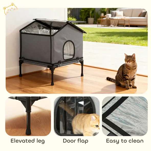 PawHut Outdoor Cat House, Waterproof Insulated Cat Kennel with Elevated Base, Foldable Feral Kitty Shelter for Kittens, Grey - 8
