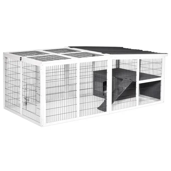 PawHut Guinea Pigs Hutches Wooden Small Rabbits Hutches Pet Run Cover Indoor Outdoor, Grey - 2