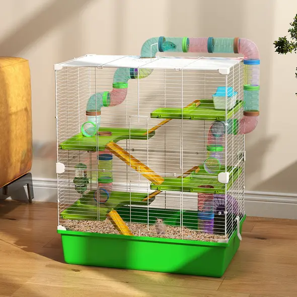 PawHut Hamster Cage w/ Water Bottle, Exercise Wheel, Tubes, Ramps - Green - 2