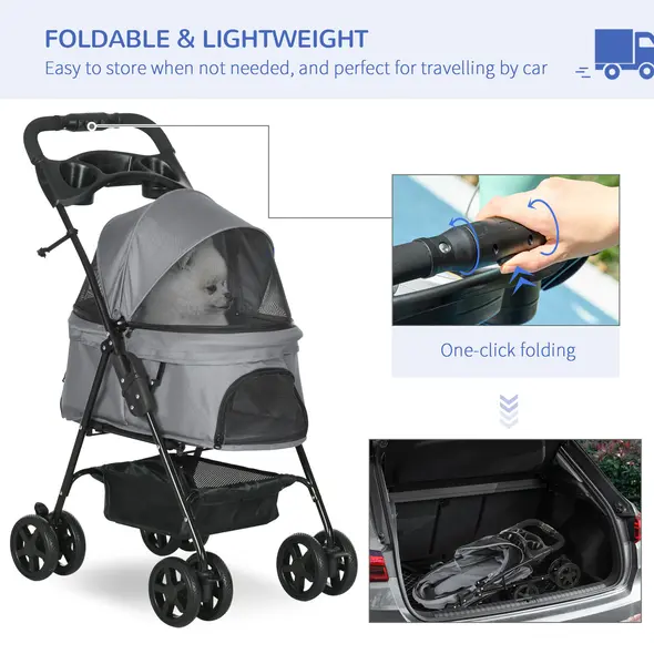 PawHut Dog Stroller with Rain Cover, Dog Pushchair One-Click Fold Trolley Jogger with EVA Wheels Brake Basket Adjustable Canopy Safety Leash for Small Dogs, Grey - 5