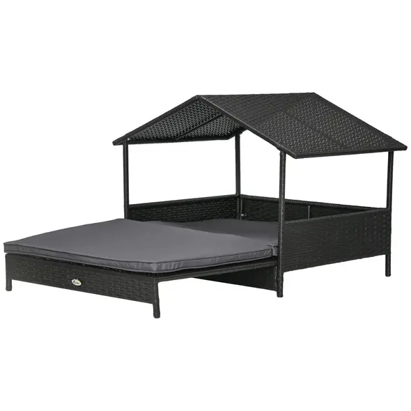 PawHut Extendable Elevated Dog Bed, Rattan Dog House w/ Water-Resistant Roof, Removable Cushion - Grey - 1