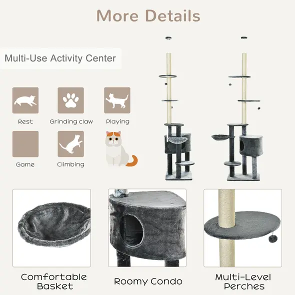 PawHut Floor to Ceiling Cat Tree for Indoor Cats Play Tower Climbing Activity Center Scratching Post Platforms Condo Adjustable Height 220-265cm Dark Grey - 4