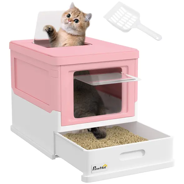 PawHut Hooded Cat Litter Box, Portable Pet Toilet, with Scoop, Front Entry - Pink - 1