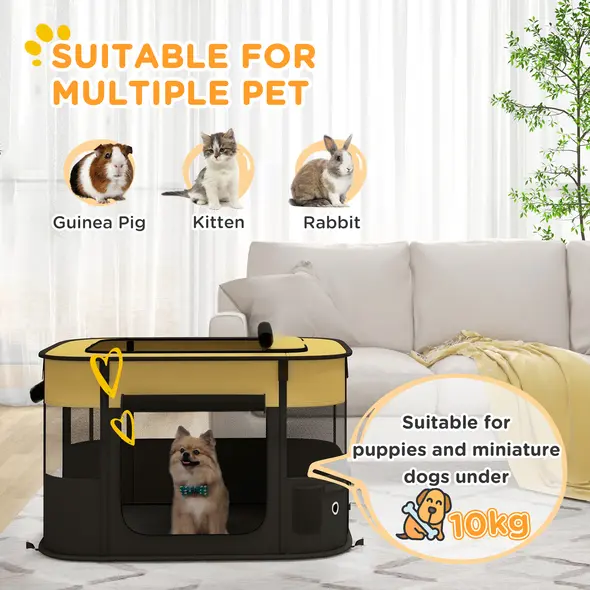 PawHut Foldable Dog Pen with Storage Bag for Indoor/Outdoor Use, Portable Pet playpen, with Ground Stakes - Yellow - 4