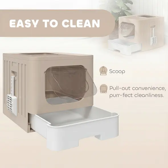 PawHut Foldable Cat Litter Box with Lid, Slide-Out Drawer, Scoop, Easy Clean, Odour Control, Anti-Splashing, Khaki - 4