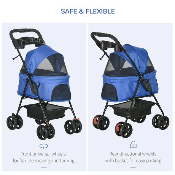 PawHut Dog Stroller with Rain Cover, Dog Pushchair One-Click Fold Trolley Jogger with EVA Wheels Brake Basket Adjustable Canopy Safety Leash for Small Dogs, Blue - 6