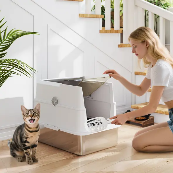 PawHut Extra Large Stainless Steel, Cat Litter Tray with Scoop, Flip Top - 2